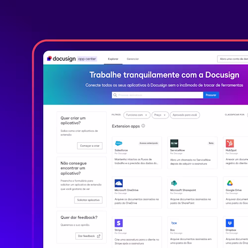 Docusign App Center, incluindo aplicativos em destaque, uma barra de pesquisa e opções para criar ou solicitar um aplicativo.