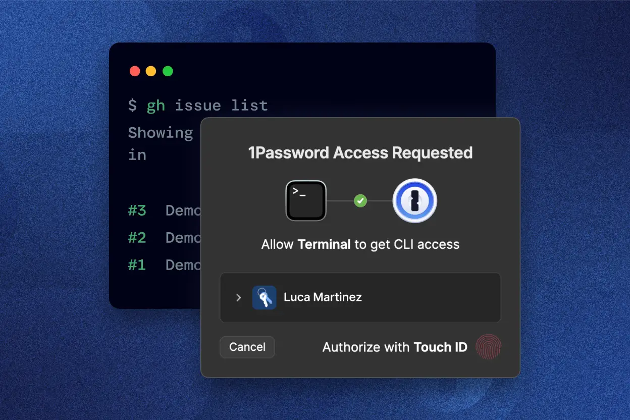 1Password 快顯視窗要求進行生物辨識身份驗證,以允許 Terminal 存取 CLI。
