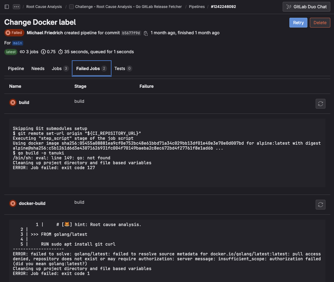 Capture d'écran montrant l'échec du job Modifier l'étiquette Docker