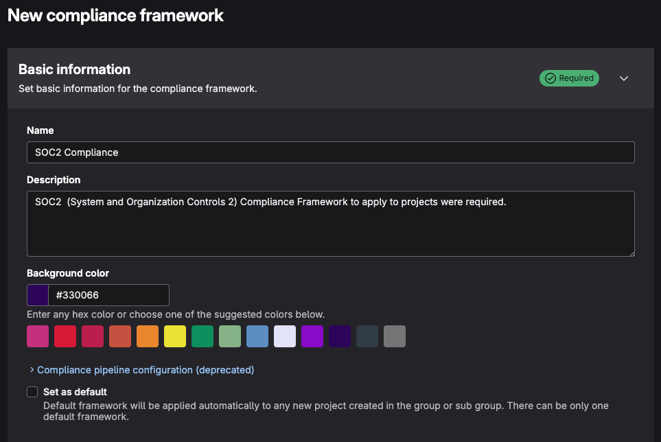 New compliance framework screen